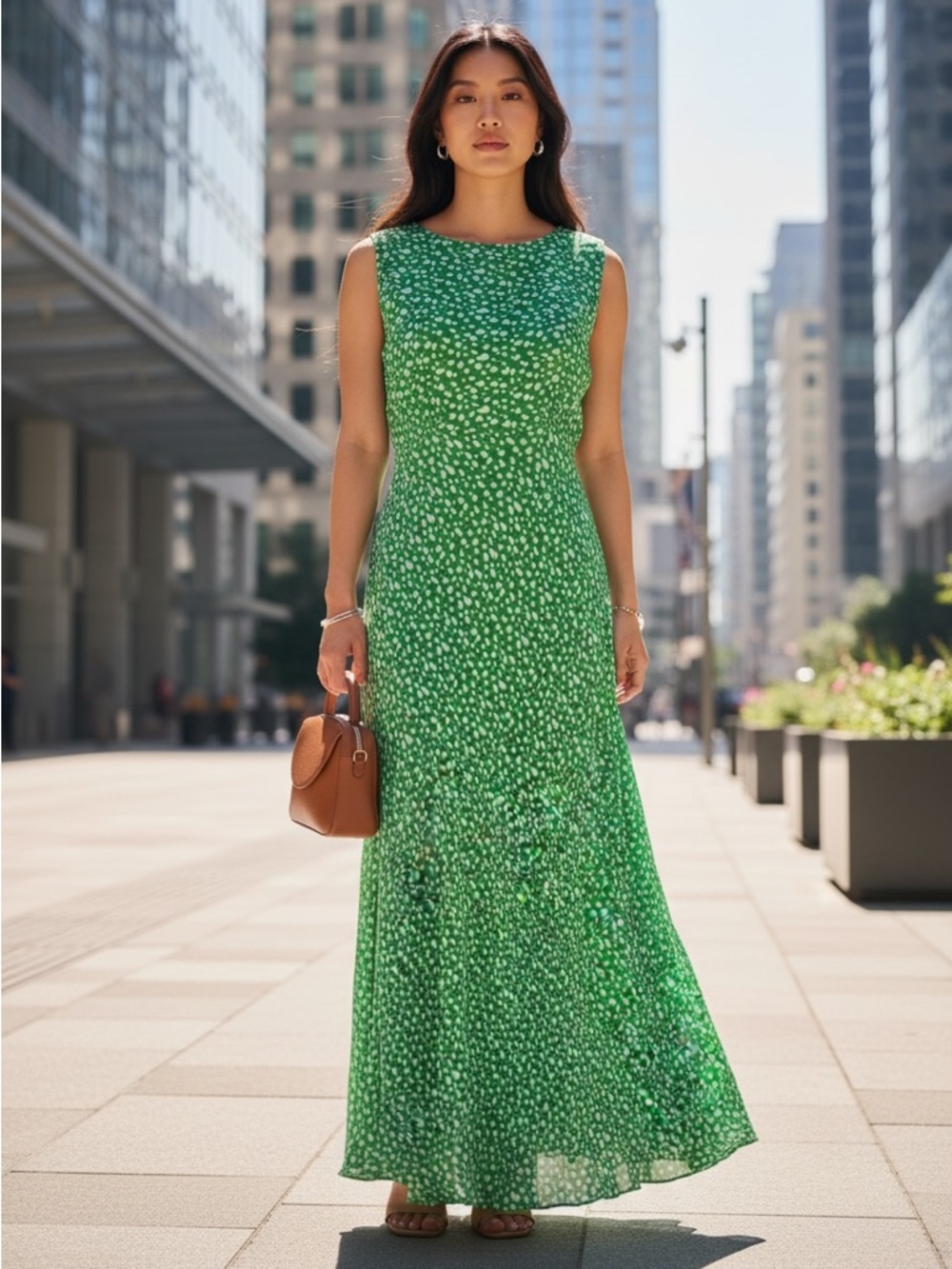 CYNTHIA HOWIE 100% Silk Sleeveless Green Dot Print Maxi Dress Fit & Flare Sz 12